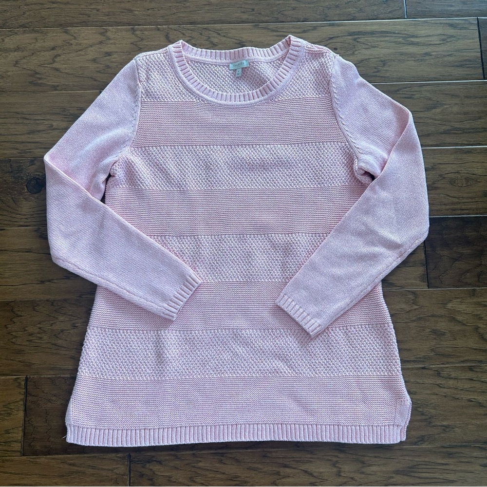 Talbots Pink Sweater Long‎ Tunic Textured Stripes Crewneck 100% Cotton Medium